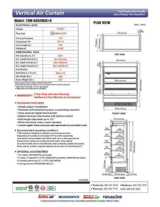 Turbo Air TOM-60SEW-N 64" White Narrow Depth Vertical Open Air Cooler / Air Curtain Display Case with (5) Levels, 115v - Bakery Wholesalers