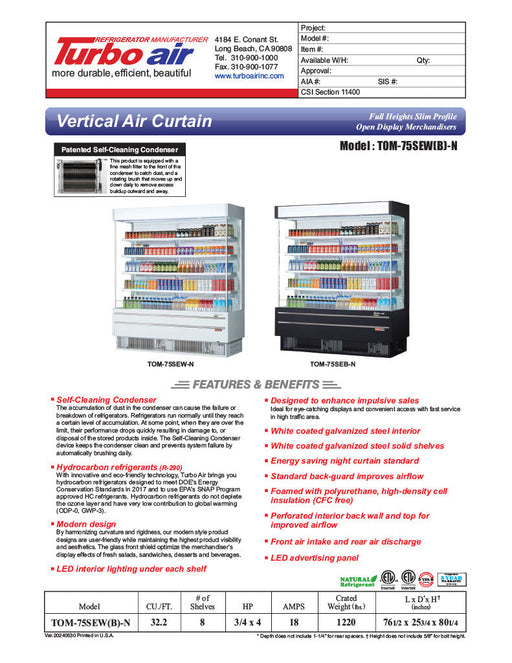 Turbo Air TOM-75SEW-N 76 1/2" White Narrow Depth Vertical Open Air Cooler / Air Curtain Display Case with (5) Levels, 220v/1ph - Bakery Wholesalers