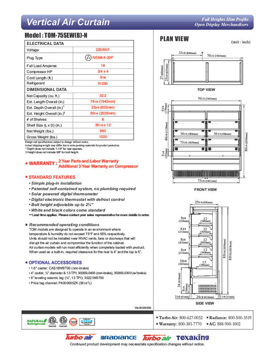 Turbo Air TOM-75SEW-N 76 1/2" White Narrow Depth Vertical Open Air Cooler / Air Curtain Display Case with (5) Levels, 220v/1ph - Bakery Wholesalers