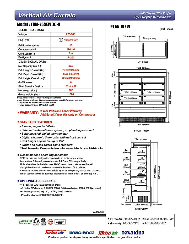 Turbo Air TOM-75SEW-N 76 1/2" White Narrow Depth Vertical Open Air Cooler / Air Curtain Display Case with (5) Levels, 220v/1ph - Donut-Equipment.com