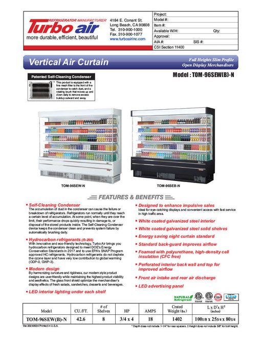 Turbo Air TOM-96SEW-N 100 1/8" White Narrow Depth Vertical Open Air Cooler / Air Curtain Display Case with (5) Levels, 220v/1ph - Donut-Equipment.com