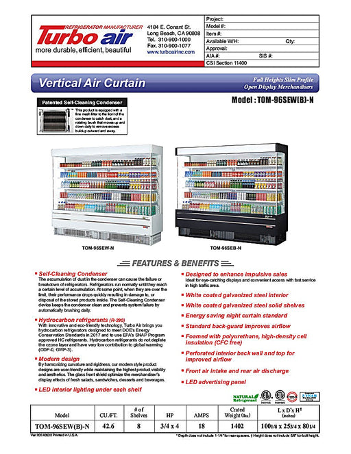 Turbo Air TOM-96SEW-N 100 1/8" White Narrow Depth Vertical Open Air Cooler / Air Curtain Display Case with (5) Levels, 220v/1ph - Donut-Equipment.com