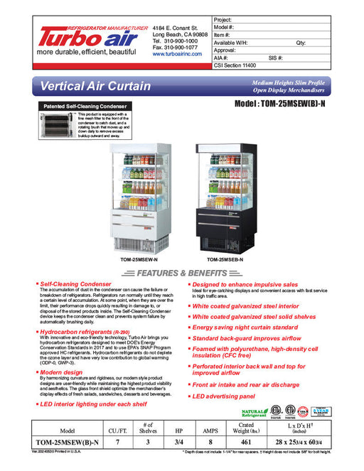 Turbo Air TOM-25MSEB-N 28" Black Narrow Depth Vertical Open Air Cooler / Air Curtain Display Case with (4) Levels, 115v - Bakery Wholesalers