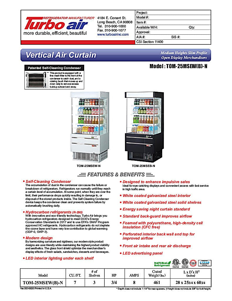 Turbo Air TOM-25MSEW-N 28" White Narrow Depth Vertical Open Air Cooler / Air Curtain Display Case with (4) Levels, 115v - Donut-Equipment.com