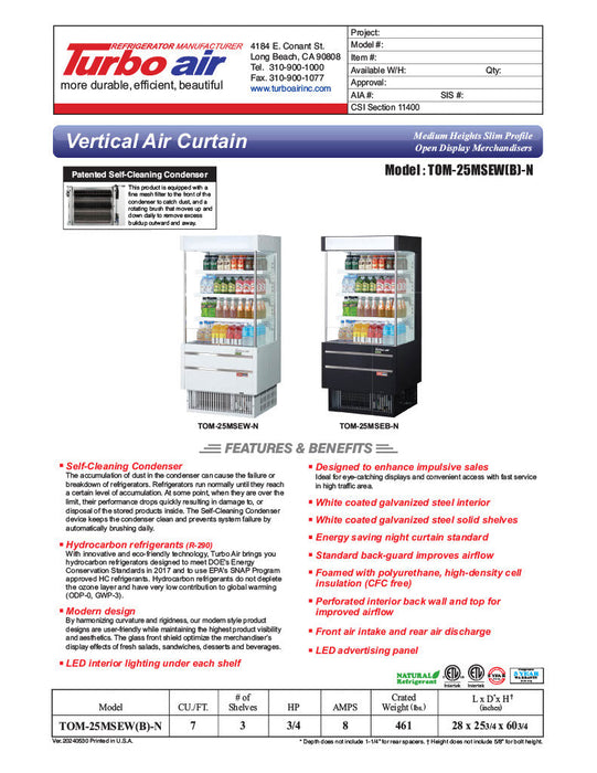 Turbo Air TOM-25MSEW-N 28" White Narrow Depth Vertical Open Air Cooler / Air Curtain Display Case with (4) Levels, 115v - Bakery Wholesalers