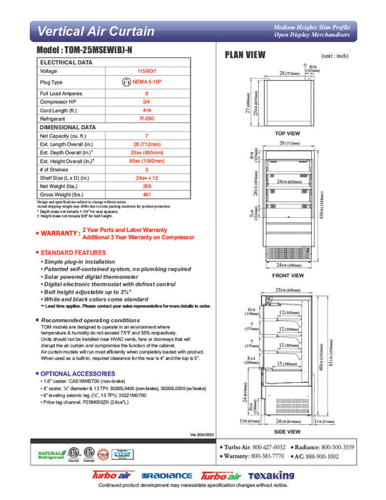 Turbo Air TOM-25MSEB-N 28" Black Narrow Depth Vertical Open Air Cooler / Air Curtain Display Case with (4) Levels, 115v - Bakery Wholesalers