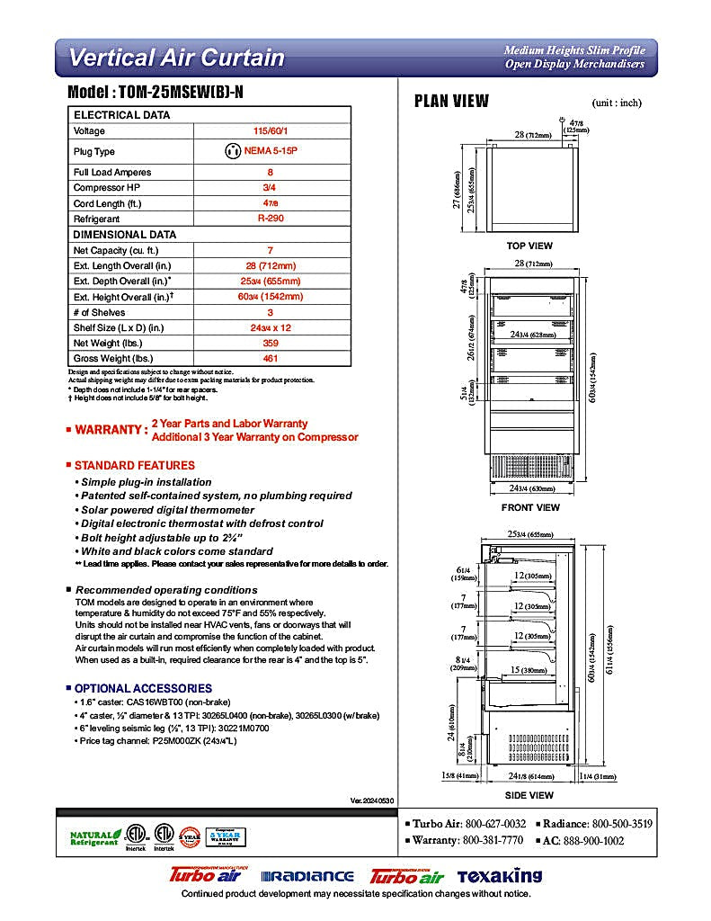 Turbo Air TOM-25MSEW-N 28" White Narrow Depth Vertical Open Air Cooler / Air Curtain Display Case with (4) Levels, 115v - Donut-Equipment.com