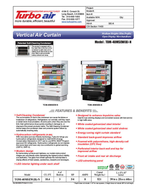 Turbo Air TOM-40MSEB-N 39 3/8" Black Narrow Depth Vertical Open Air Cooler / Air Curtain Display Case with (4) Levels, 115v - Bakery Wholesalers