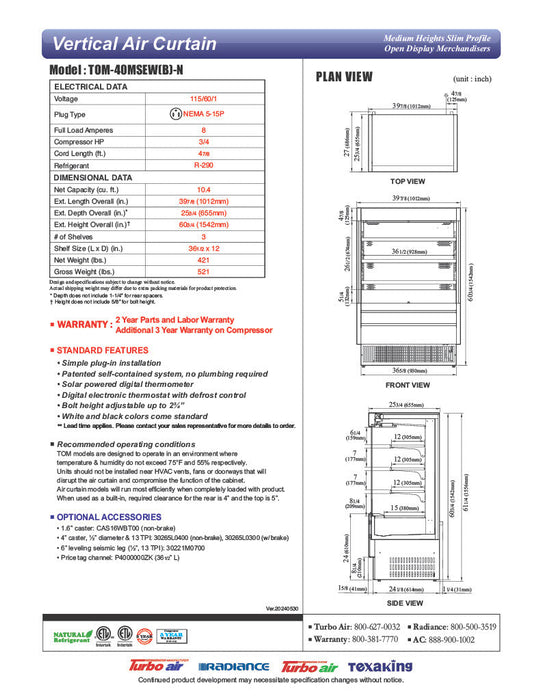 Turbo Air TOM-40MSEB-N 39 3/8" Black Narrow Depth Vertical Open Air Cooler / Air Curtain Display Case with (4) Levels, 115v - Bakery Wholesalers