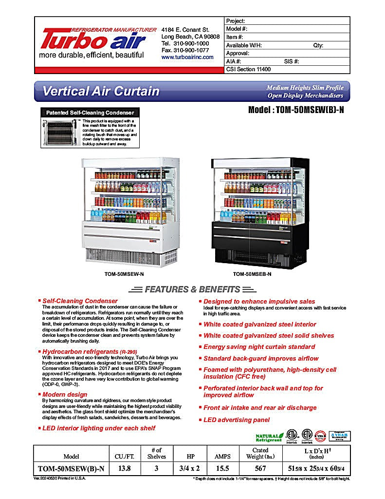 Turbo Air TOM-50MSEW-N 51 1/8" White Narrow Depth Vertical Open Air Cooler / Air Curtain Display Case with (4) Levels, 115v - Donut-Equipment.com