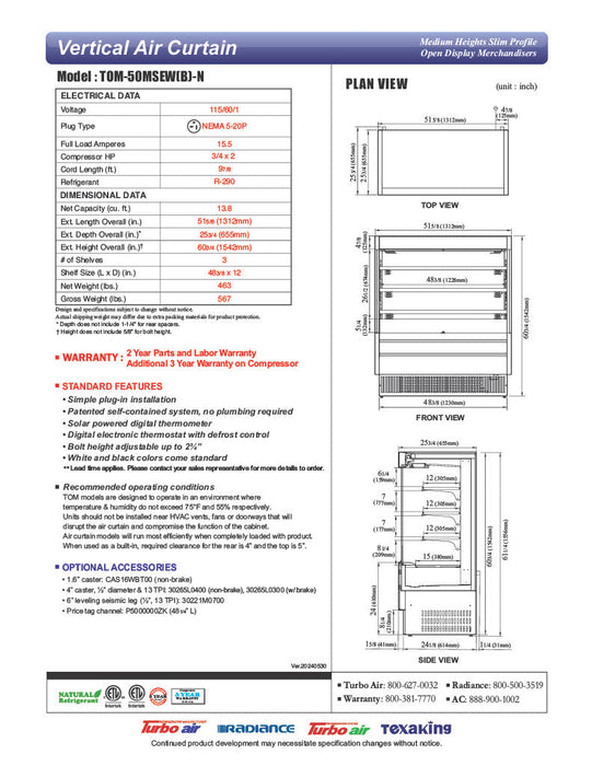 Turbo Air TOM-50MSEW-N 51 1/8" White Narrow Depth Vertical Open Air Cooler / Air Curtain Display Case with (4) Levels, 115v - Bakery Wholesalers