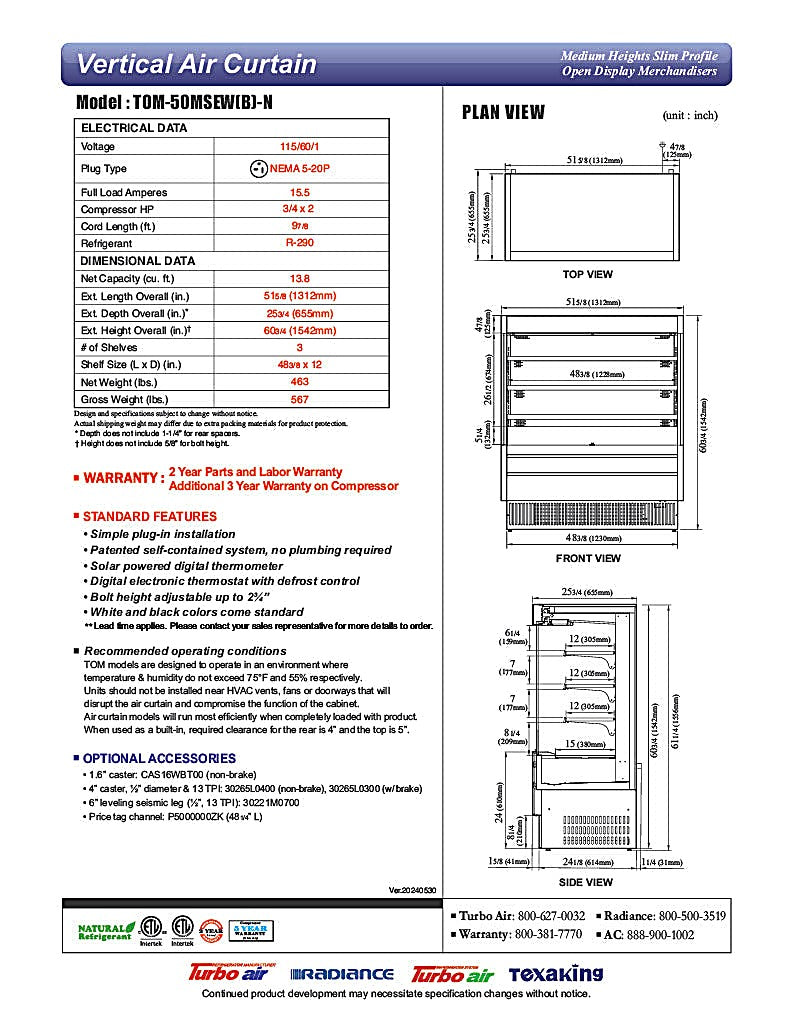 Turbo Air TOM-50MSEW-N 51 1/8" White Narrow Depth Vertical Open Air Cooler / Air Curtain Display Case with (4) Levels, 115v - Donut-Equipment.com