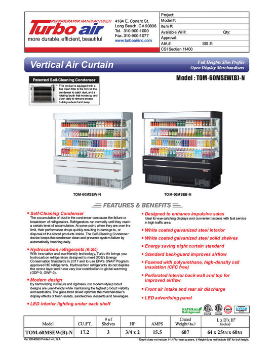 Turbo Air TOM-60MSEW-N 63 1/4" White Narrow Depth Vertical Open Air Cooler / Air Curtain Display Case with (4) Levels, 115v - Bakery Wholesalers