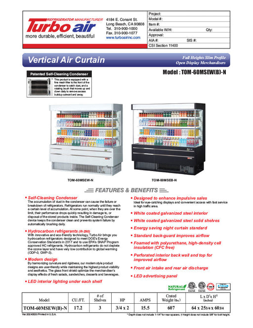 Turbo Air TOM-60MSEB-N 63 1/4" Black Narrow Depth Vertical Open Air Cooler / Air Curtain Display Case with (4) Levels, 115v - Bakery Wholesalers