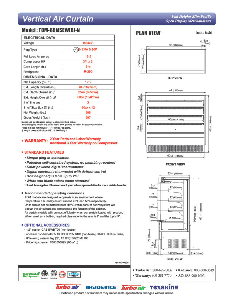 Turbo Air TOM-60MSEW-N 63 1/4" White Narrow Depth Vertical Open Air Cooler / Air Curtain Display Case with (4) Levels, 115v - Donut-Equipment.com
