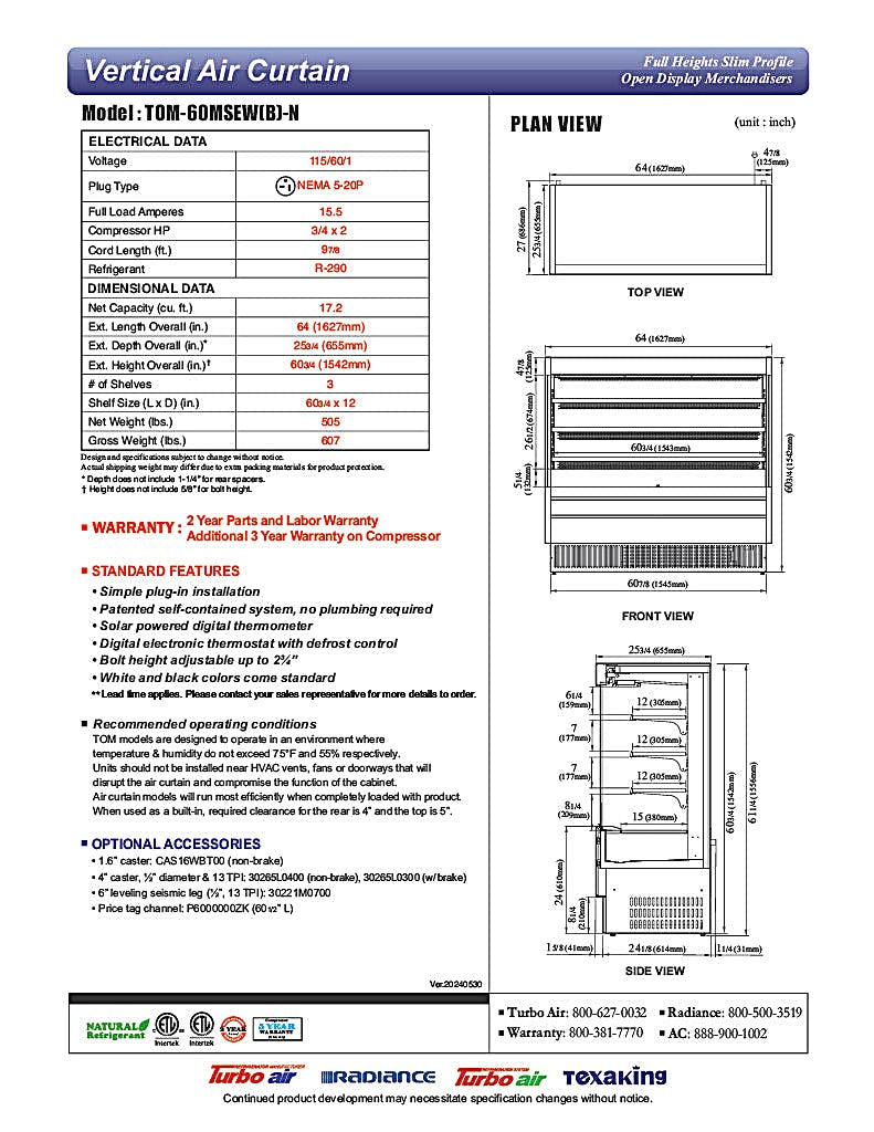 Turbo Air TOM-60MSEW-N 63 1/4" White Narrow Depth Vertical Open Air Cooler / Air Curtain Display Case with (4) Levels, 115v - Donut-Equipment.com