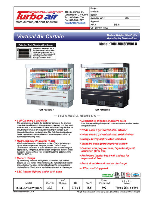 Turbo Air TOM-75MSEB-N 75 1/2" Black Narrow Depth Vertical Open Air Cooler / Air Curtain Display Case with (4) Levels, 220v - Bakery Wholesalers