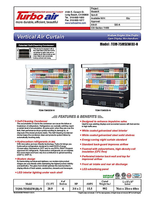 Turbo Air TOM-75MSEW-N 75 1/2" White Narrow Depth Vertical Open Air Cooler / Air Curtain Display Case with (4) Levels, 220v - Donut-Equipment.com