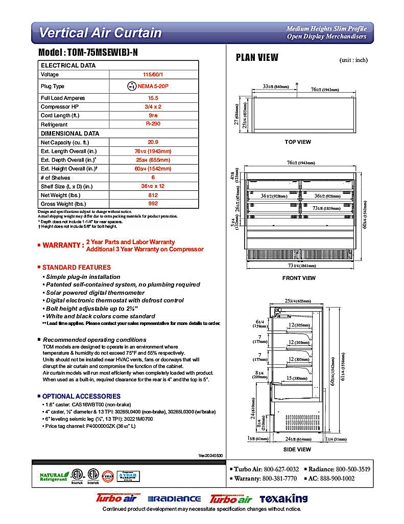 Turbo Air TOM-75MSEW-N 75 1/2" White Narrow Depth Vertical Open Air Cooler / Air Curtain Display Case with (4) Levels, 220v - Donut-Equipment.com