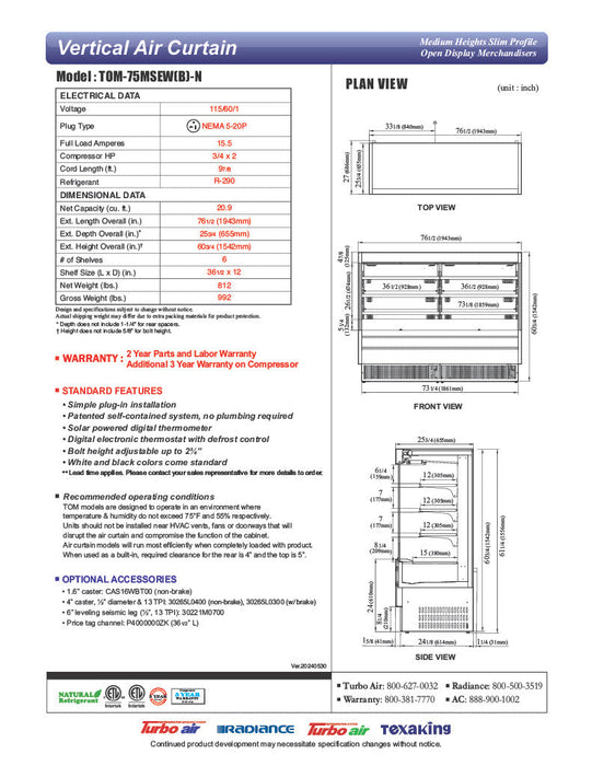Turbo Air TOM-75MSEB-N 75 1/2" Black Narrow Depth Vertical Open Air Cooler / Air Curtain Display Case with (4) Levels, 220v - Bakery Wholesalers