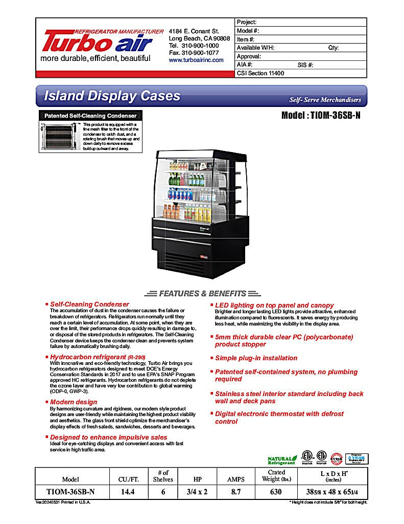 Turbo Air TIOM-36SB-N 39 3/8" Black Vertical Island Open Air Cooler with (4) Levels, 220v/1ph - Donut-Equipment.com