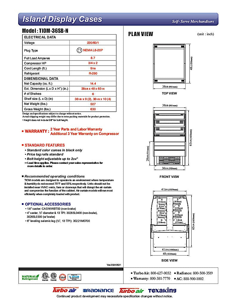 Turbo Air TIOM-36SB-N 39 3/8" Black Vertical Island Open Air Cooler with (4) Levels, 220v/1ph - Donut-Equipment.com