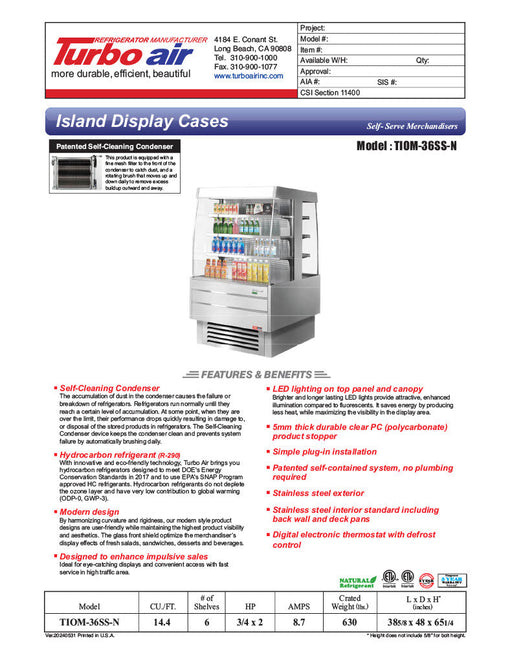 Turbo Air TIOM-36SS-N 39 3/8" Stainless Steel Vertical Island Open Air Cooler with (4) Levels, 220v/1ph - Bakery Wholesalers
