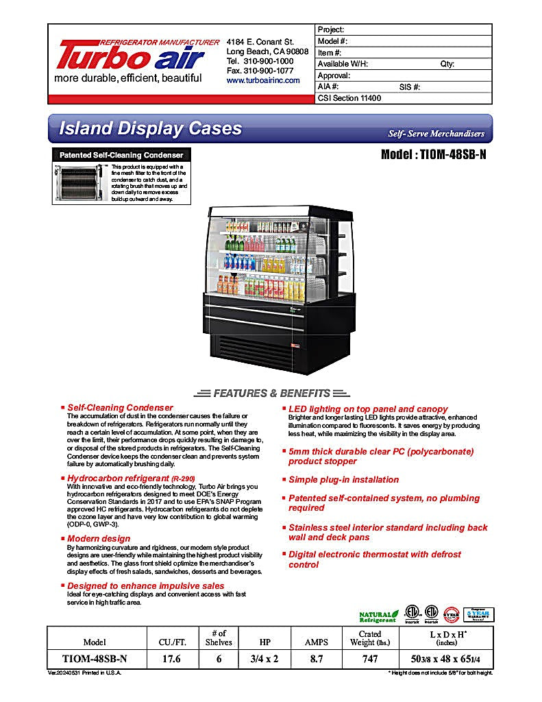 Turbo Air TIOM-48SB-N 50 3/8" Black Vertical Island Open Air Cooler with (4) Levels, 220v/1ph - Donut-Equipment.com