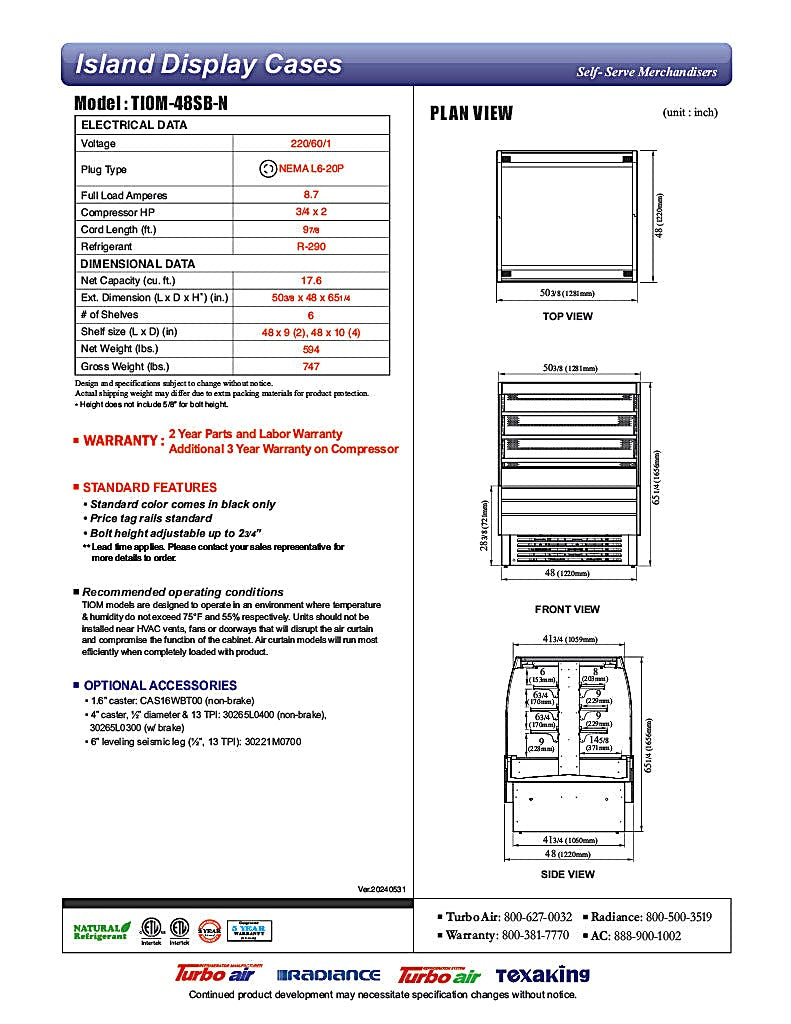 Turbo Air TIOM-48SB-N 50 3/8" Black Vertical Island Open Air Cooler with (4) Levels, 220v/1ph - Donut-Equipment.com