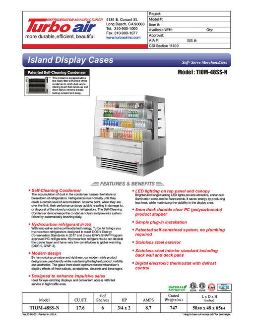 Turbo Air TIOM-48SS-N 51 1/8" Stainless Steel Square Island Self-Serve Display Case with (4) Levels, 220v/1ph - Bakery Wholesalers