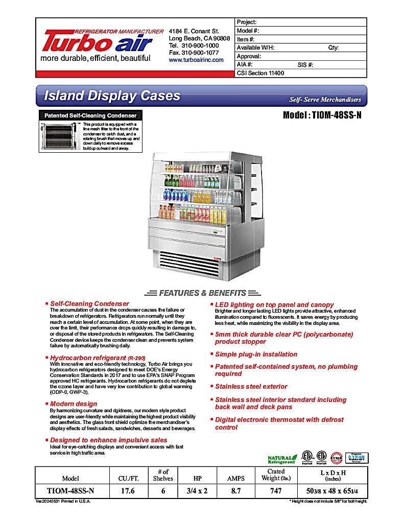 Turbo Air TIOM-48SS-N 51 1/8" Stainless Steel Square Island Self-Serve Display Case with (4) Levels, 220v/1ph - Donut-Equipment.com