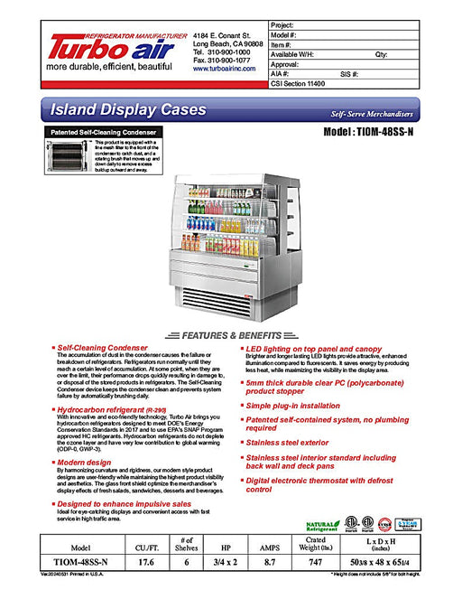 Turbo Air TIOM-48SS-N 51 1/8" Stainless Steel Square Island Self-Serve Display Case with (4) Levels, 220v/1ph - Donut-Equipment.com