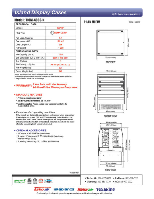 Turbo Air TIOM-48SS-N 51 1/8" Stainless Steel Square Island Self-Serve Display Case with (4) Levels, 220v/1ph - Bakery Wholesalers