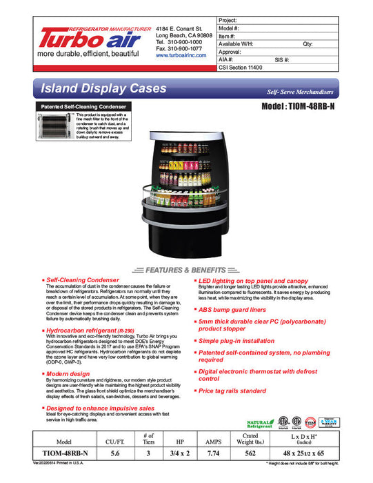 Turbo Air TIOM-48RB-N 48" Black Half-Round Island Open Air Cooler Display Case with (4) Levels, 220v/1ph - Bakery Wholesalers