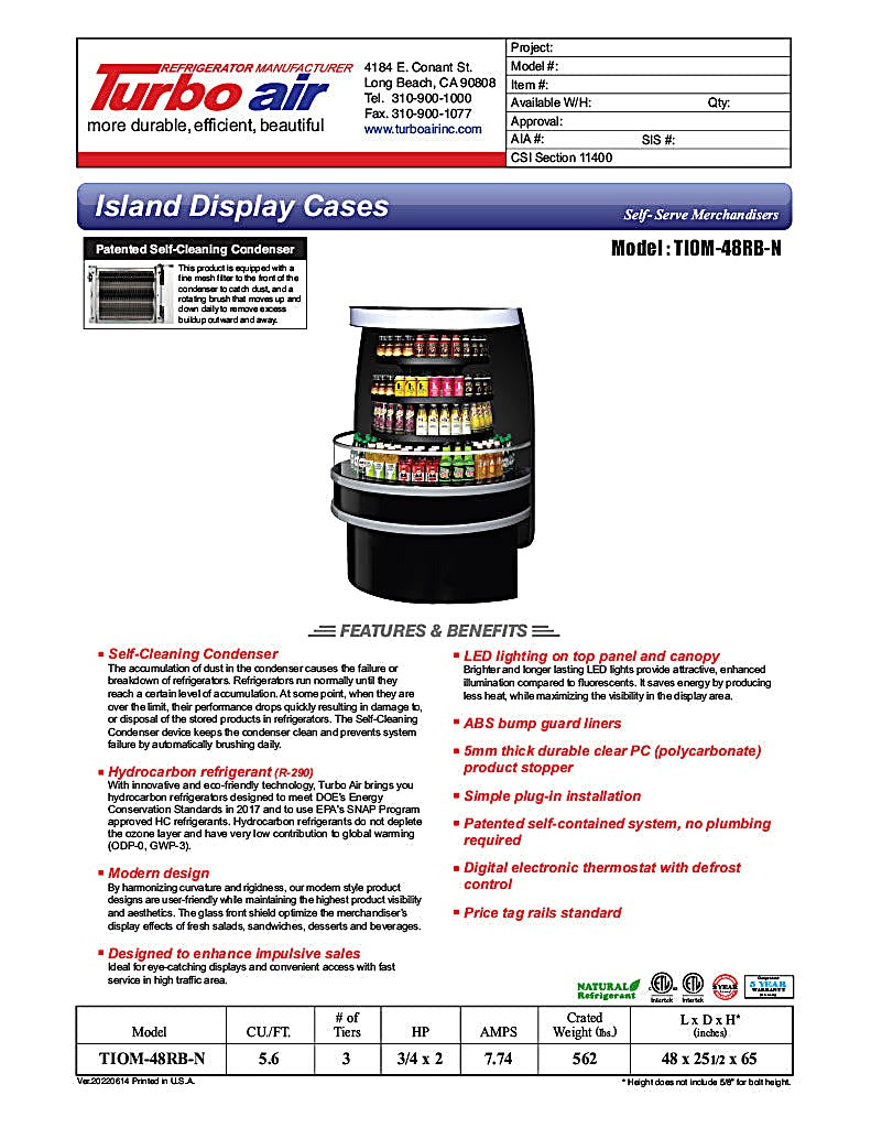 Turbo Air TIOM-48RB-N 48" Black Half-Round Island Open Air Cooler Display Case with (4) Levels, 220v/1ph - Donut-Equipment.com