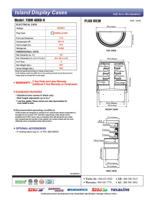 Turbo Air TIOM-48RB-N 48" Black Half-Round Island Open Air Cooler Display Case with (4) Levels, 220v/1ph - Bakery Wholesalers