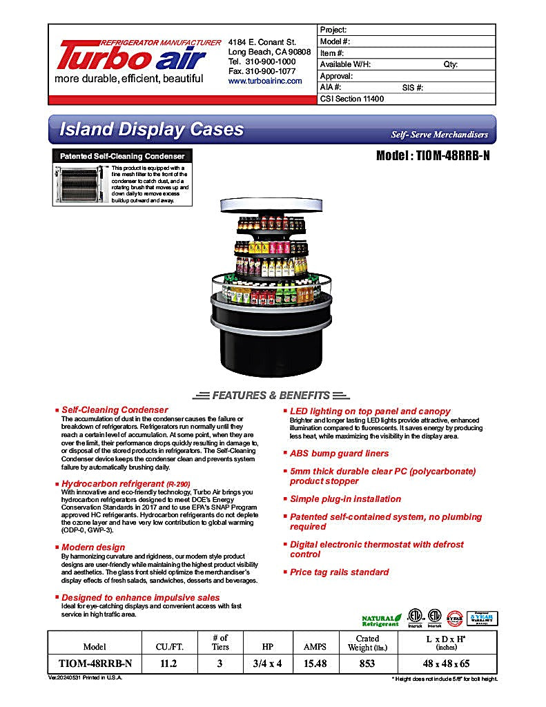 Turbo Air TIOM-48RRB-N 48" Black Vertical Round Island Open Air Cooler with (4) Levels, 220v/1ph - Donut-Equipment.com