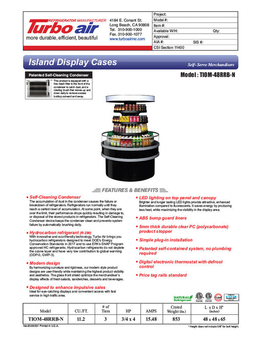 Turbo Air TIOM-48RRB-N 48" Black Vertical Round Island Open Air Cooler with (4) Levels, 220v/1ph - Bakery Wholesalers