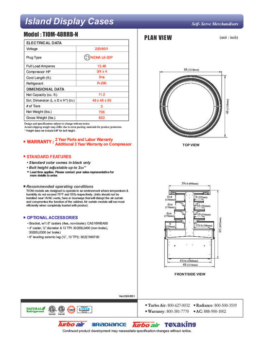 Turbo Air TIOM-48RRB-N 48" Black Vertical Round Island Open Air Cooler with (4) Levels, 220v/1ph - Bakery Wholesalers