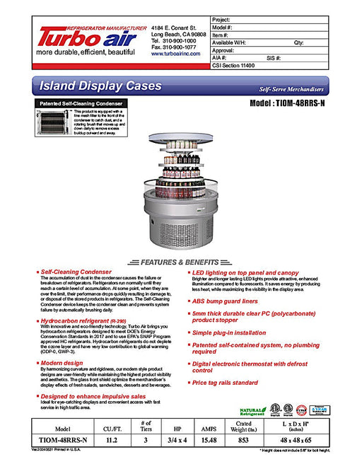 Turbo Air TIOM-48RRS-N 48" Stainless Steel Vertical Round Island Open Air Cooler with (3) Levels, 220v/1ph - Donut-Equipment.com