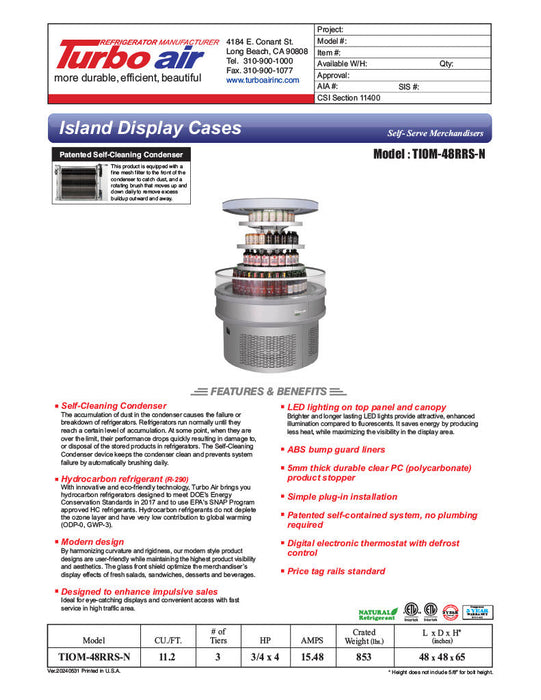 Turbo Air TIOM-48RRS-N 48" Stainless Steel Vertical Round Island Open Air Cooler with (3) Levels, 220v/1ph - Bakery Wholesalers