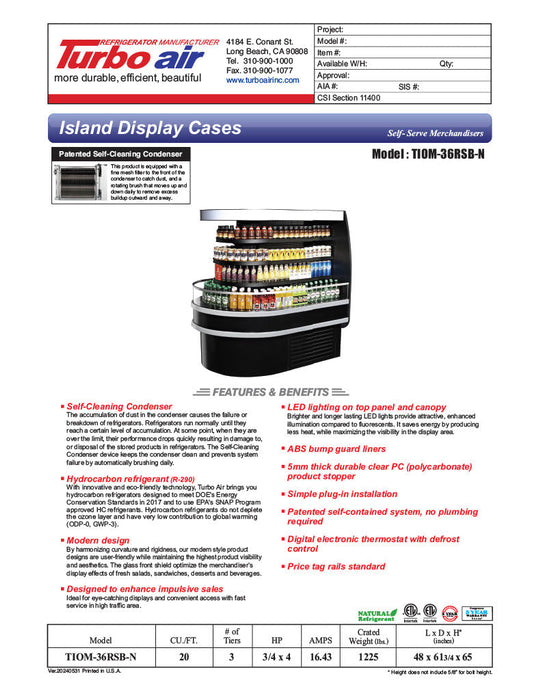 Turbo Air TIOM-36RSB-N 48" Black Horizontal Island Open Air Cooler with (4) Levels, 220v/1ph - Bakery Wholesalers