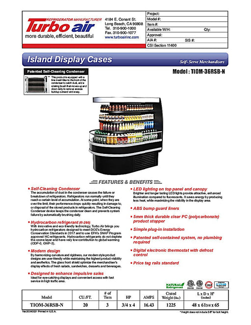 Turbo Air TIOM-36RSB-N 48" Black Horizontal Island Open Air Cooler with (4) Levels, 220v/1ph - Donut-Equipment.com