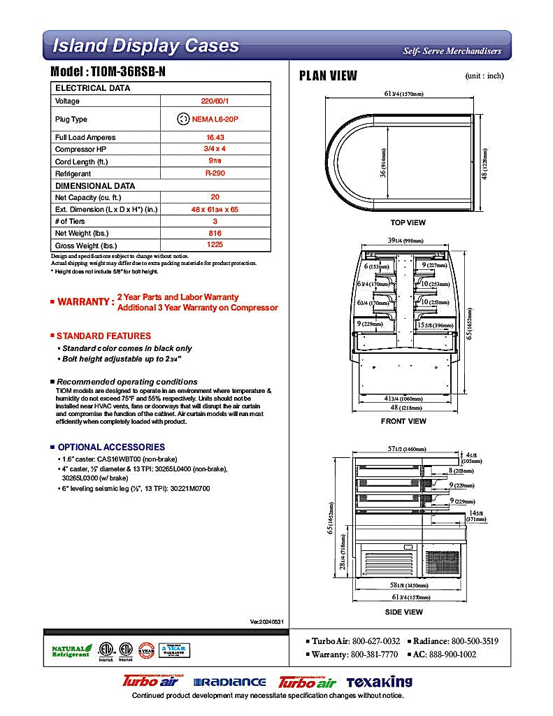 Turbo Air TIOM-36RSB-N 48" Black Horizontal Island Open Air Cooler with (4) Levels, 220v/1ph - Donut-Equipment.com