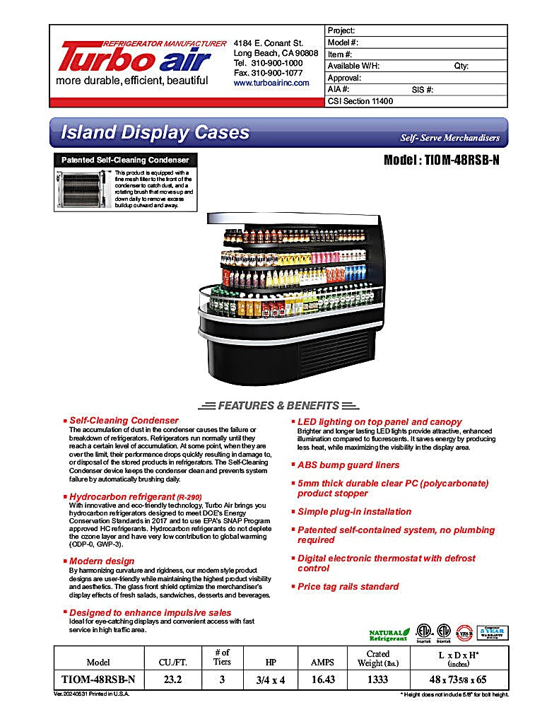 Turbo Air TIOM-48RSB-N 48" Black Horizontal Island Open Air Cooler with (4) Levels, 220v/1ph - Donut-Equipment.com