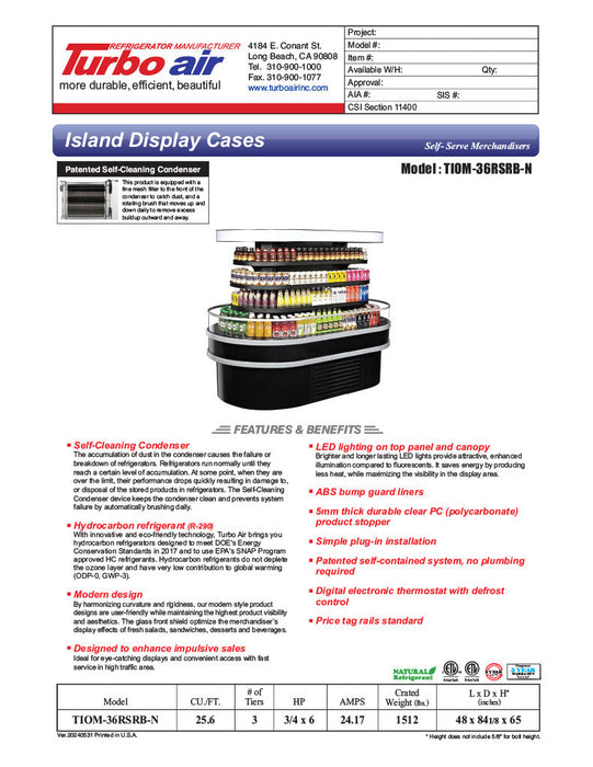 Turbo Air TIOM-36RSRB-N 48" Black Horizontal Island Open Air Cooler with (4) Levels, 220v/1ph - Bakery Wholesalers