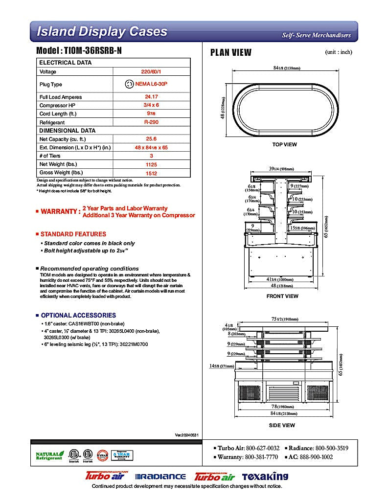 Turbo Air TIOM-36RSRB-N 48" Black Horizontal Island Open Air Cooler with (4) Levels, 220v/1ph - Donut-Equipment.com
