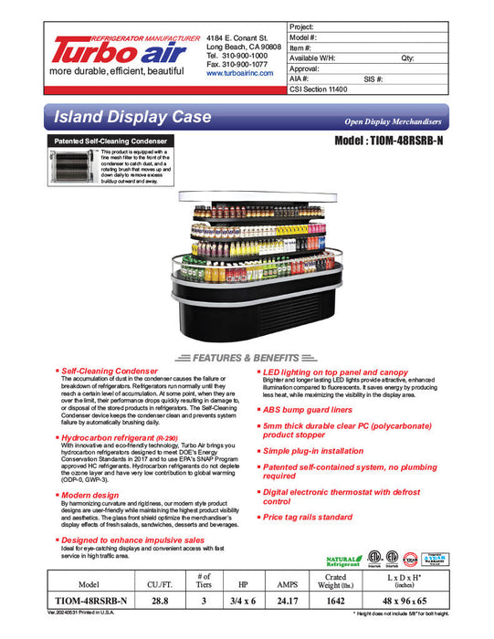 Turbo Air TIOM-48RSRB-N 48" Black Horizontal Island Open Air Cooler – 4 Level Display, 220v - Bakery Wholesalers