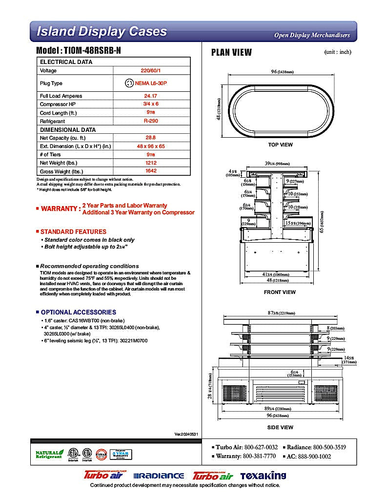 Turbo Air TIOM-48RSRB-N 48" Black Horizontal Island Open Air Cooler – 4 Level Display, 220v - Donut-Equipment.com