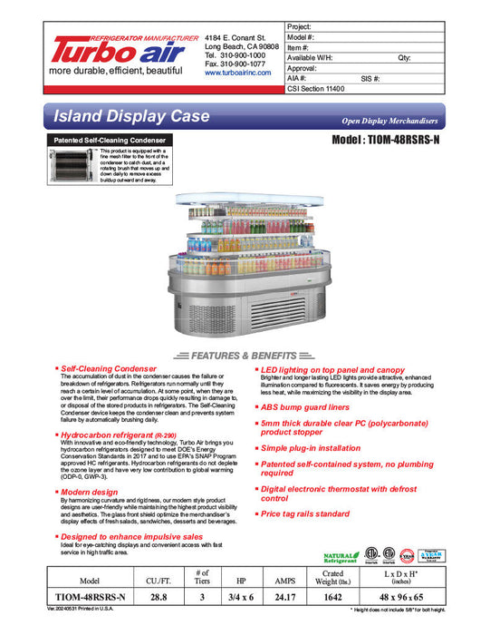 Turbo Air TIOM-48RSRS-N 48" Stainless Steel Horizontal Island Open Air Cooler – 4 Level Display, 220v - Bakery Wholesalers